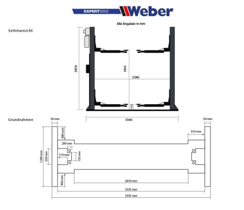 2 Säulen Hebebühne Weber Expert Serie Autolift 4.0G mit Grundrahmen